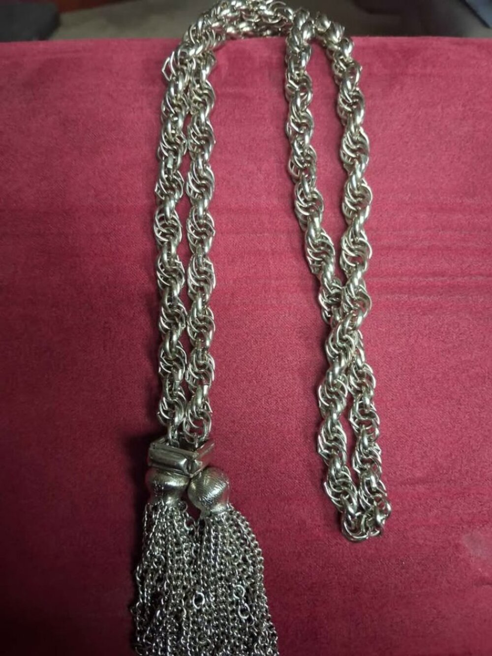 vintage Silver Tone Twisted Rope Chain Tassel Necklace